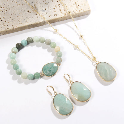 Gold Chain Necklace Natural Stone Bracelet Earrings Women's Jewelry Set