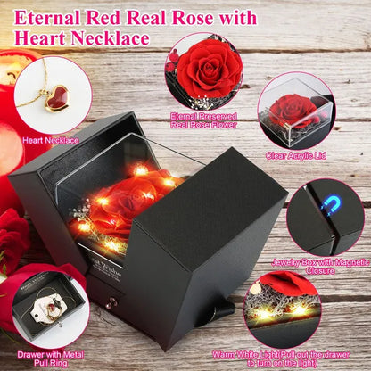 Preserved Red Rose with Heart Necklace Gift Box for Women