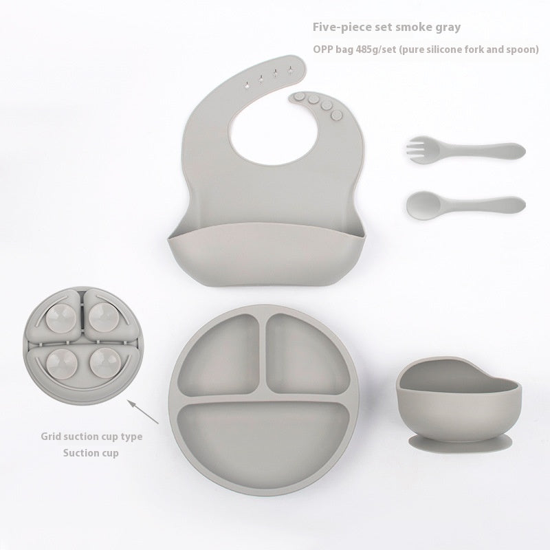 Children's Divided Complementary Food Silicone Bowl Fork Spoon Bib