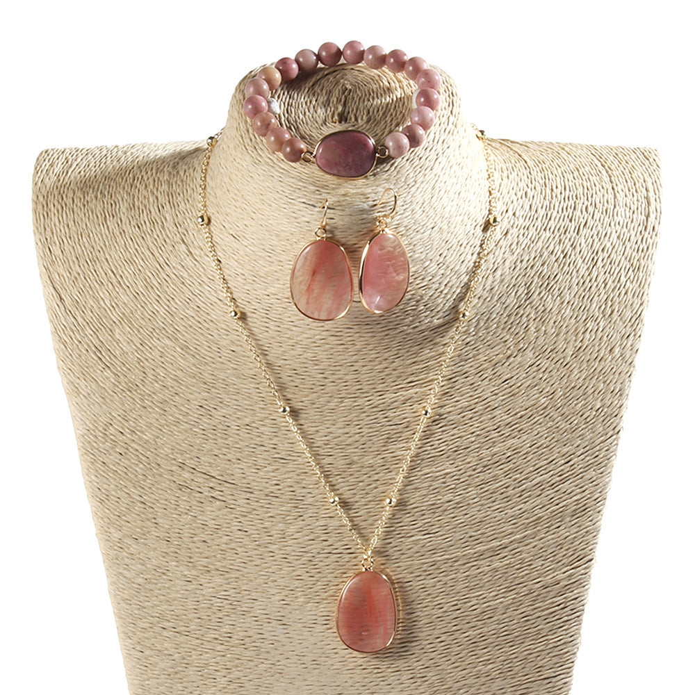 Gold Chain Necklace Natural Stone Bracelet Earrings Women's Jewelry Set