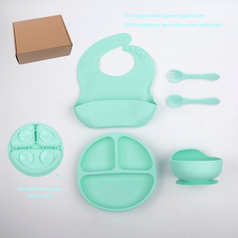 Children's Divided Complementary Food Silicone Bowl Fork Spoon Bib