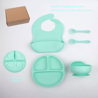 Children's Divided Complementary Food Silicone Bowl Fork Spoon Bib