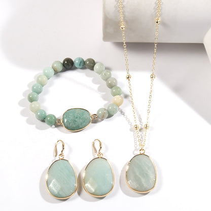 Gold Chain Necklace Natural Stone Bracelet Earrings Women's Jewelry Set