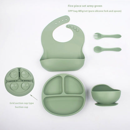 Children's Divided Complementary Food Silicone Bowl Fork Spoon Bib