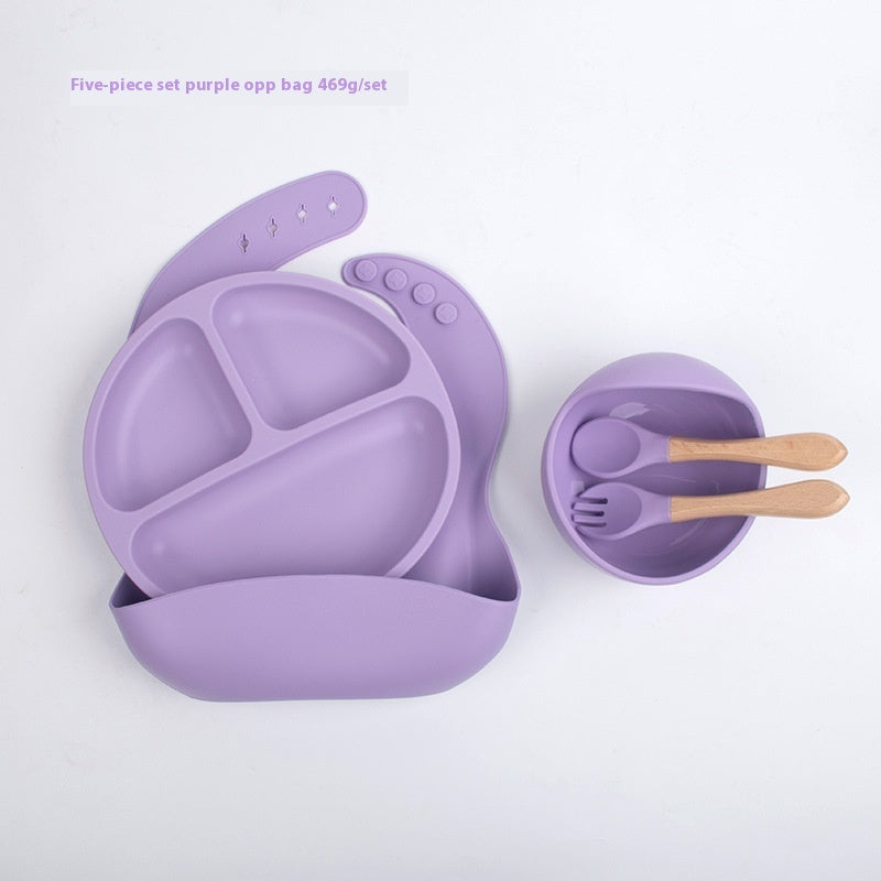 Children's Divided Complementary Food Silicone Bowl Fork Spoon Bib
