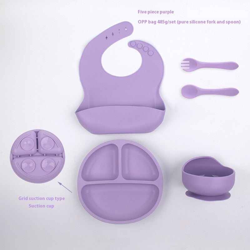 Children's Divided Complementary Food Silicone Bowl Fork Spoon Bib