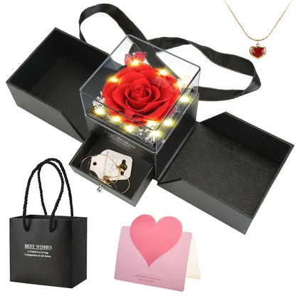 Preserved Red Rose with Heart Necklace Gift Box for Women