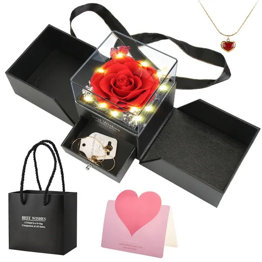 Preserved Red Rose with Heart Necklace Gift Box for Women