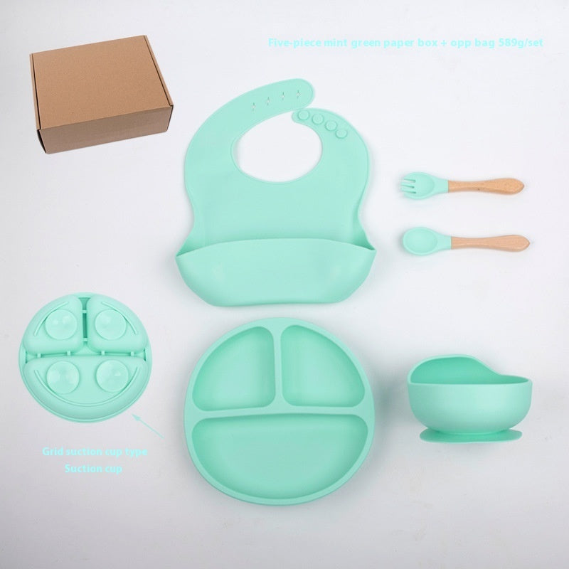 Children's Divided Complementary Food Silicone Bowl Fork Spoon Bib