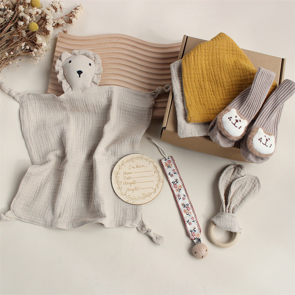 Baby Rabbit & Lion Newborn Gift Set -Towel, Socks, Teether & Hair Band