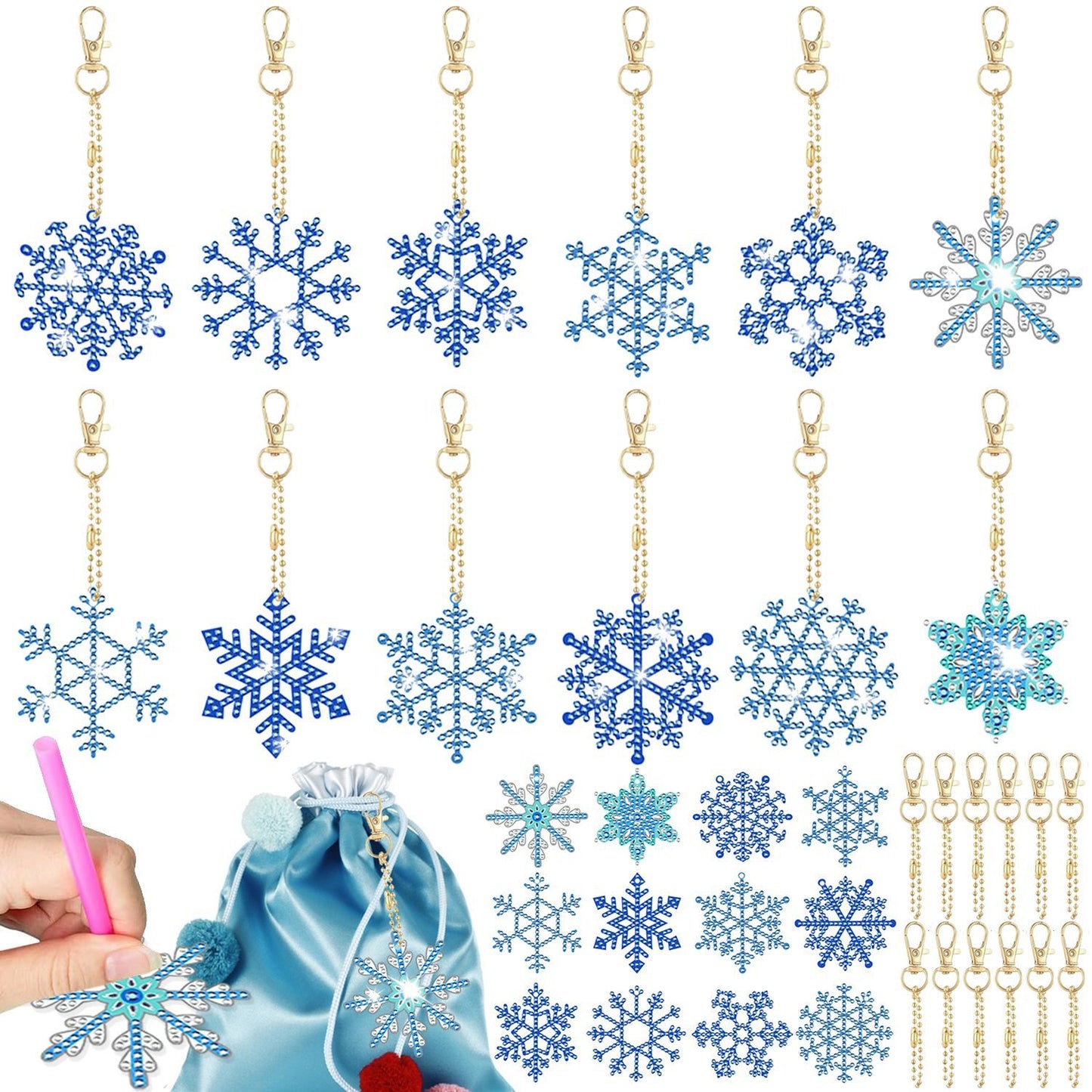 12-Pack Snowflake 5D Rhinestone Keychain DIY Ornament Set