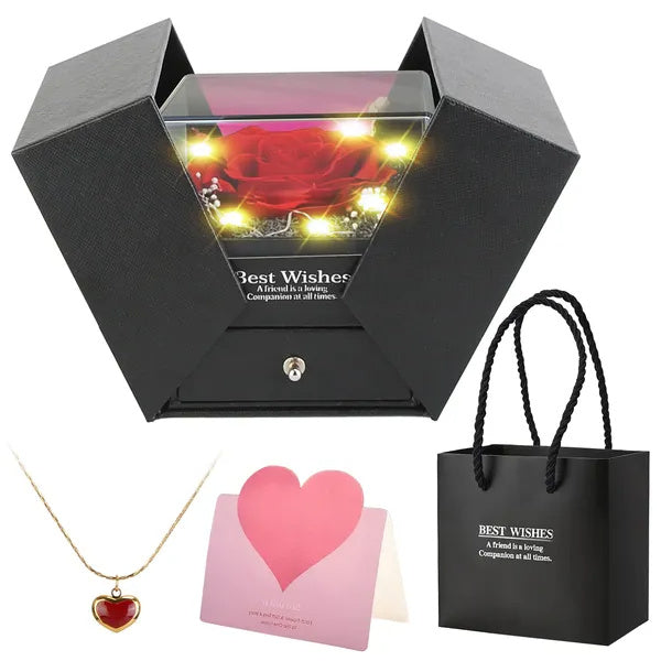 Preserved Red Rose with Heart Necklace Gift Box for Women