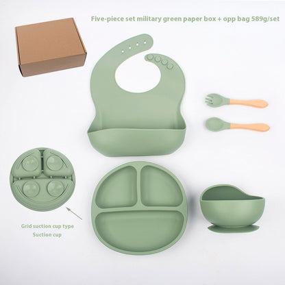 Children's Divided Complementary Food Silicone Bowl Fork Spoon Bib