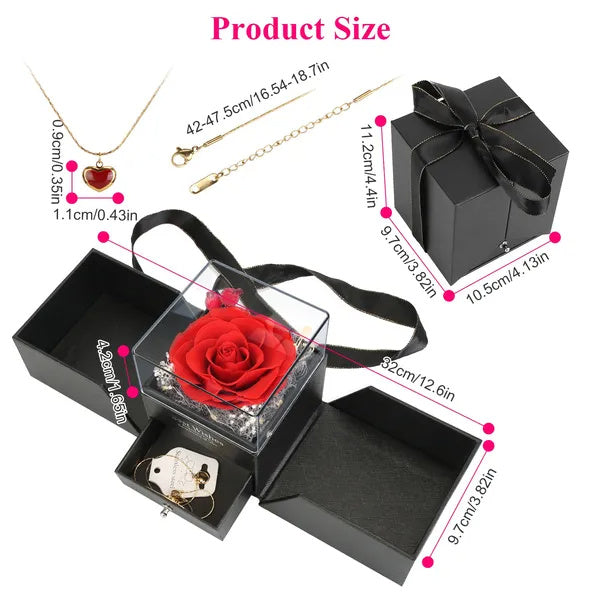 Preserved Red Rose with Heart Necklace Gift Box for Women