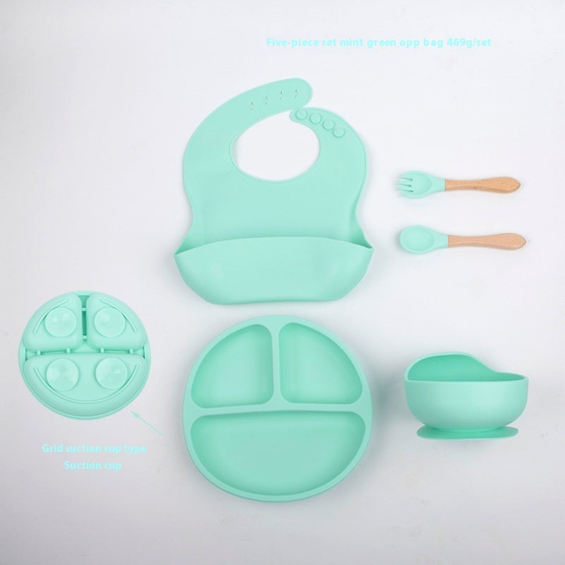 Children's Divided Complementary Food Silicone Bowl Fork Spoon Bib