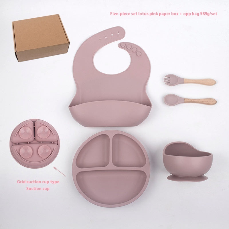 Children's Divided Complementary Food Silicone Bowl Fork Spoon Bib