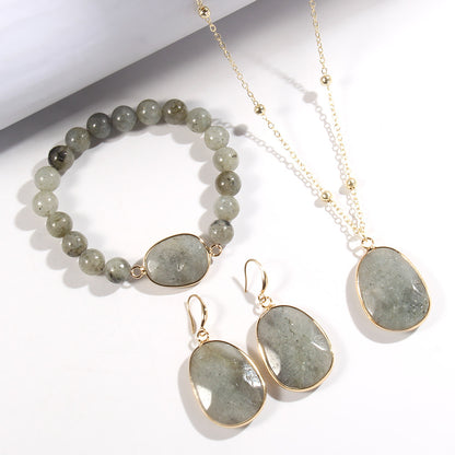 Gold Chain Necklace Natural Stone Bracelet Earrings Women's Jewelry Set