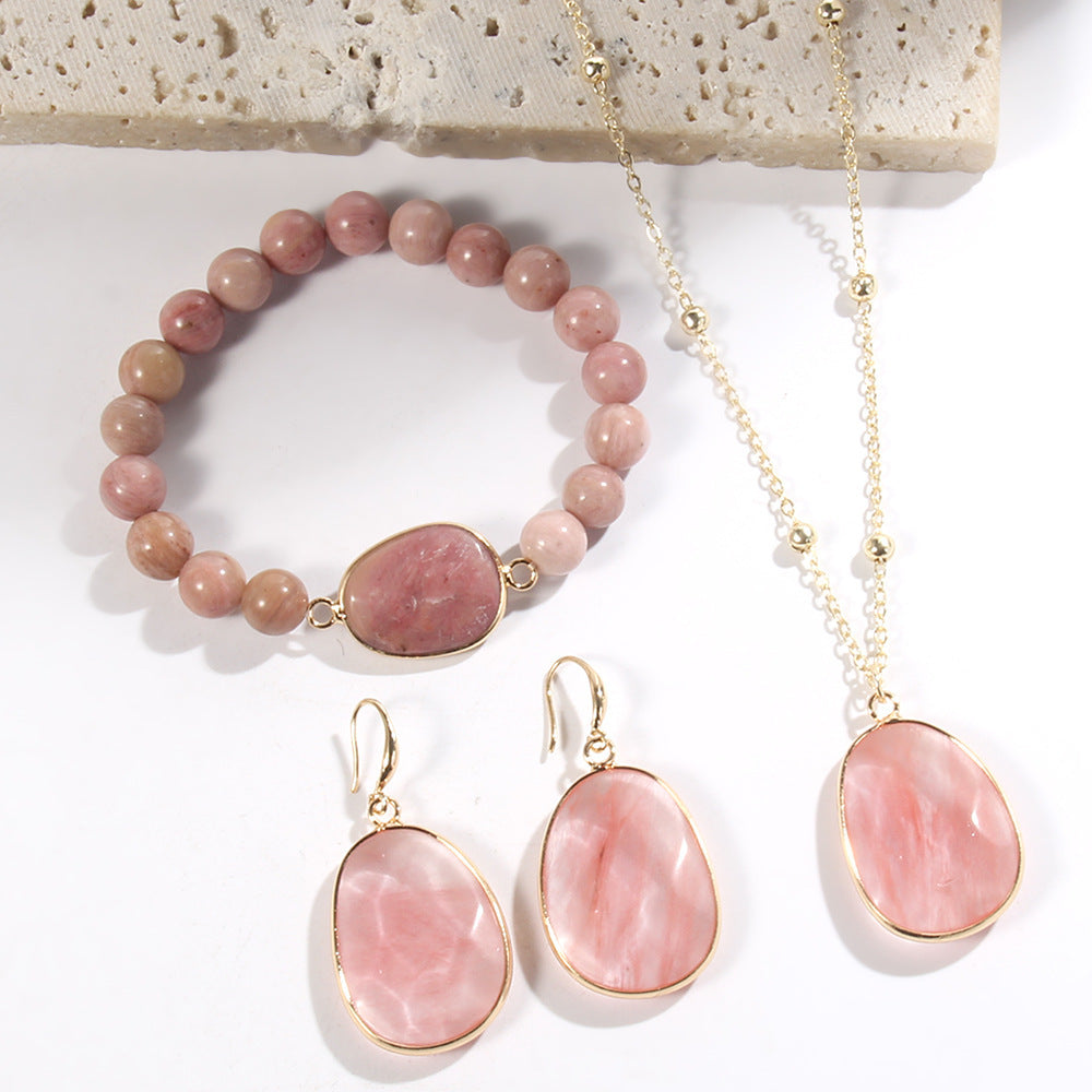 Gold Chain Necklace Natural Stone Bracelet Earrings Women's Jewelry Set