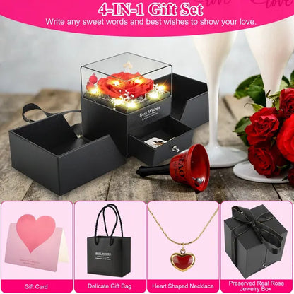 Preserved Red Rose with Heart Necklace Gift Box for Women