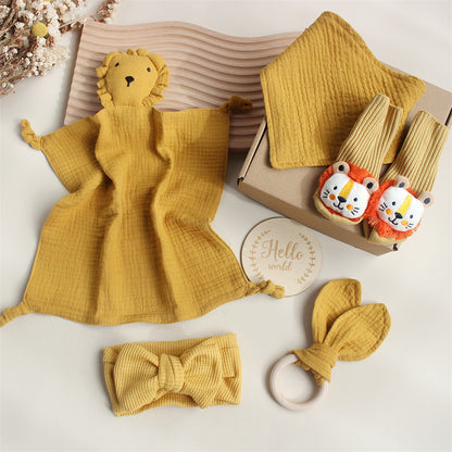 Baby Rabbit & Lion Newborn Gift Set -Towel, Socks, Teether & Hair Band