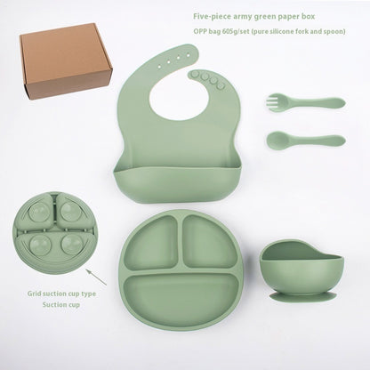 Children's Divided Complementary Food Silicone Bowl Fork Spoon Bib