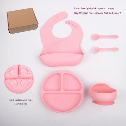 Children's Divided Complementary Food Silicone Bowl Fork Spoon Bib