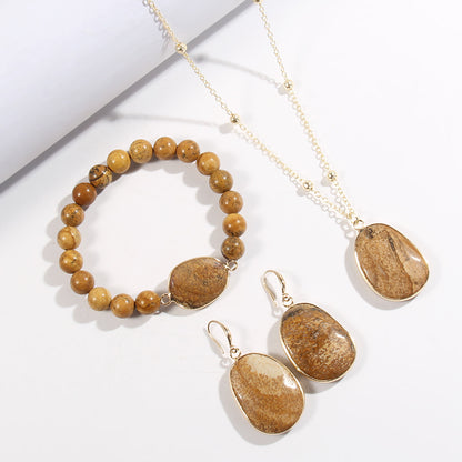 Gold Chain Necklace Natural Stone Bracelet Earrings Women's Jewelry Set