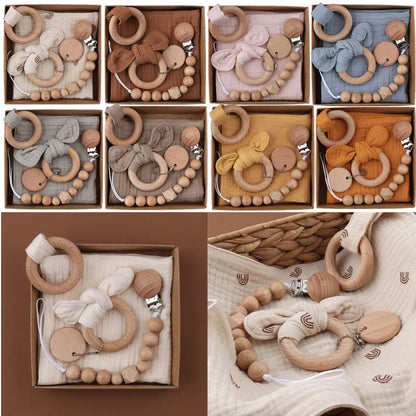 Baby Wooden Rattle and Teether Gift Set