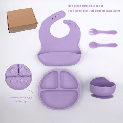 Children's Divided Complementary Food Silicone Bowl Fork Spoon Bib
