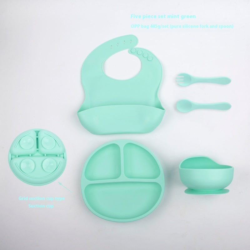 Children's Divided Complementary Food Silicone Bowl Fork Spoon Bib
