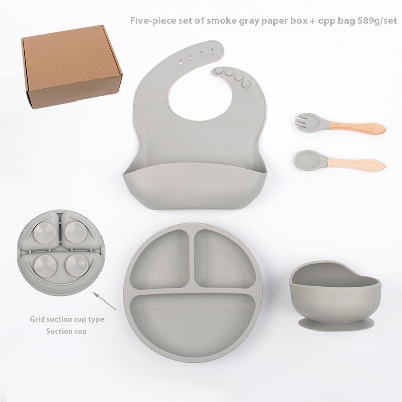 Children's Divided Complementary Food Silicone Bowl Fork Spoon Bib