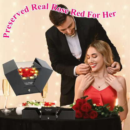 Preserved Red Rose with Heart Necklace Gift Box for Women